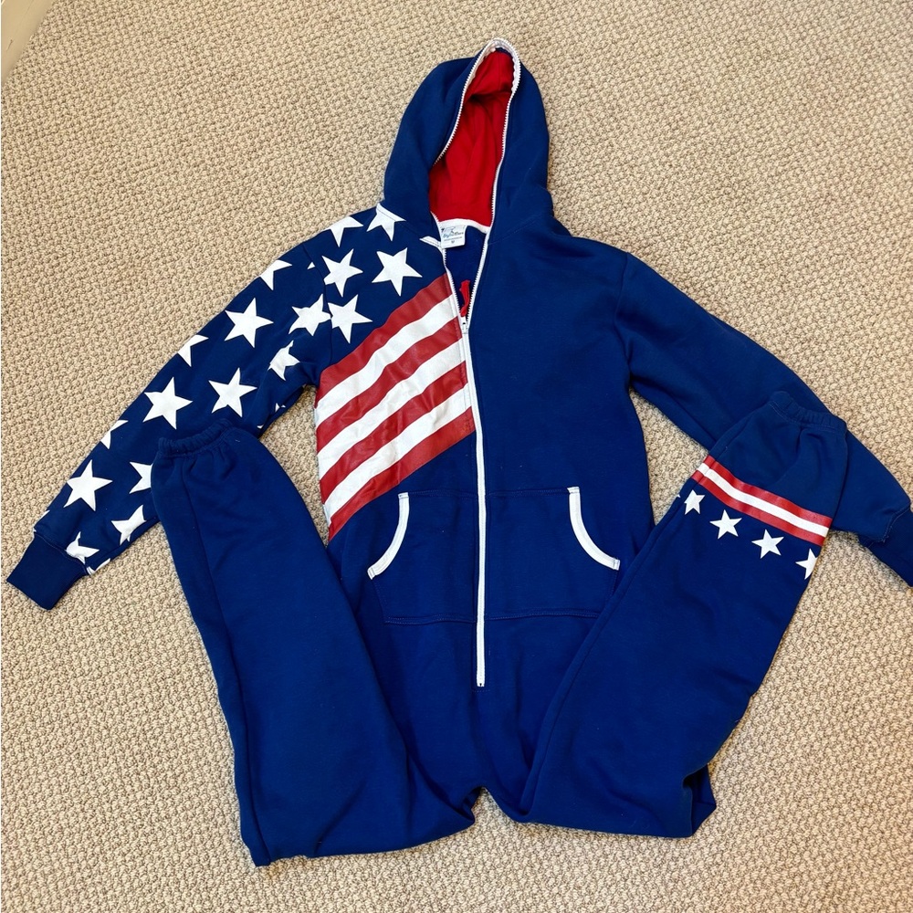 Adult Blue Stars and Stripes Hooded Onesie
